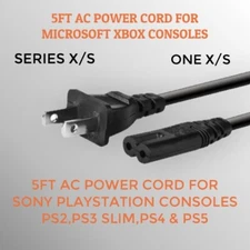 5ft AC Power Cable Cord for PS2 PS3 Slim PS4 PS5 XBOX One S X Series S X & PC