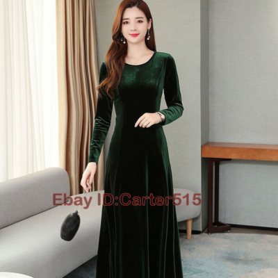 Women Formal Velvet Midi Swing Winter Dress Long Sleeve A Line Ball Gown  Party | eBay
