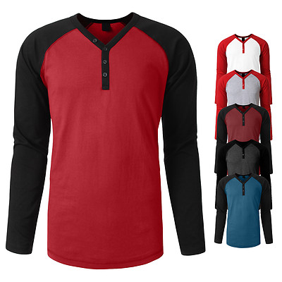 NE PEOPLE Mens Daily Long Sleeve Button Placket Reglan Two Toned T Shirt -NEMT24