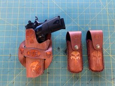 Handmade Leather LH Holster 2 mag pouches 1911 Punisher Carving