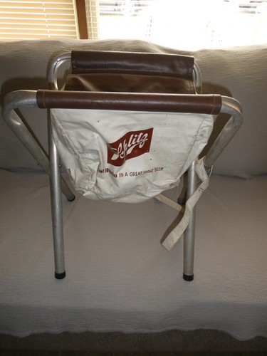 Vintage SCHLITZ Beer WHITE Cooler Folding Camp Stool Chair ALUMINUM FRAME - Picture 2 of 5