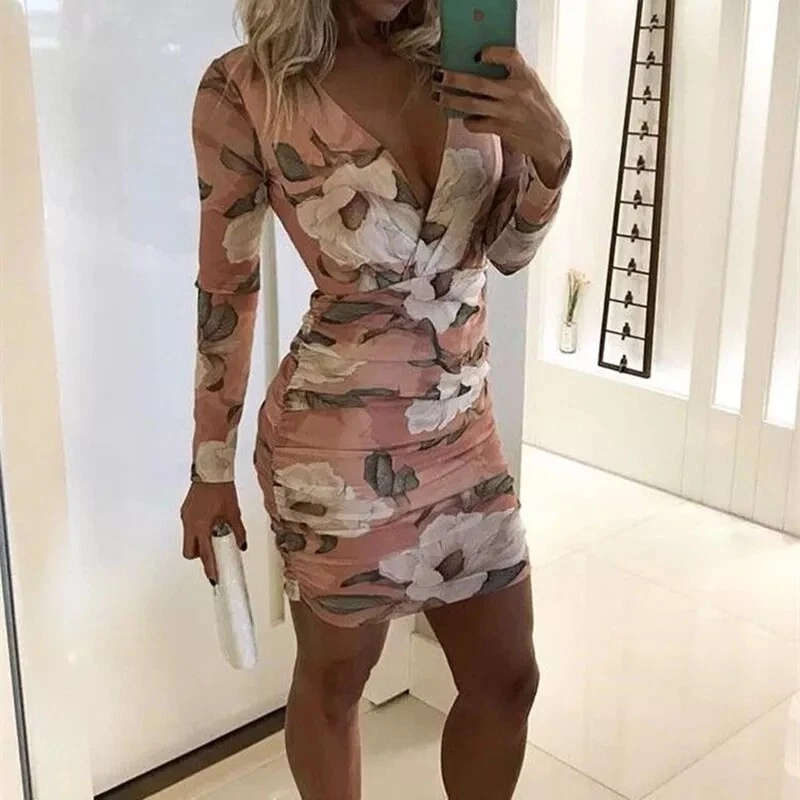 Vestido corto mangas largas estampa Floral fruncido moda 2019