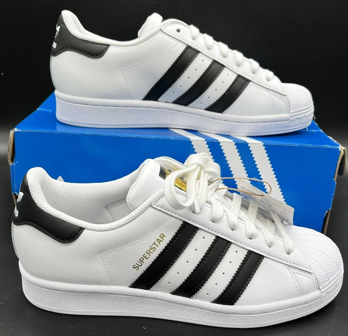 Mens Adidas Superstar OG Leather Trainers - All Sizes - Black/White/Gold  EG4958. 