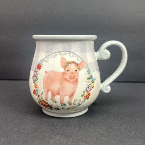Pioneer Woman Gray Gingham Check Country Farm Pink Pig Design Coffee Mug Euc - Picture 1 of 6