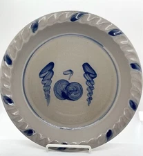 Rowe Pottery Works Crimped Edge Salt Glaze Pie Plate Apple Design- Dated 2001