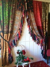 2 Pcs Indian Sari Patchwork Curtain Drape Window Decor Multi Silk Sari Curtain