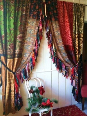 2 Pcs Indian Sari Patchwork Curtain Drape Window Decor Multi Silk Sari Curtain