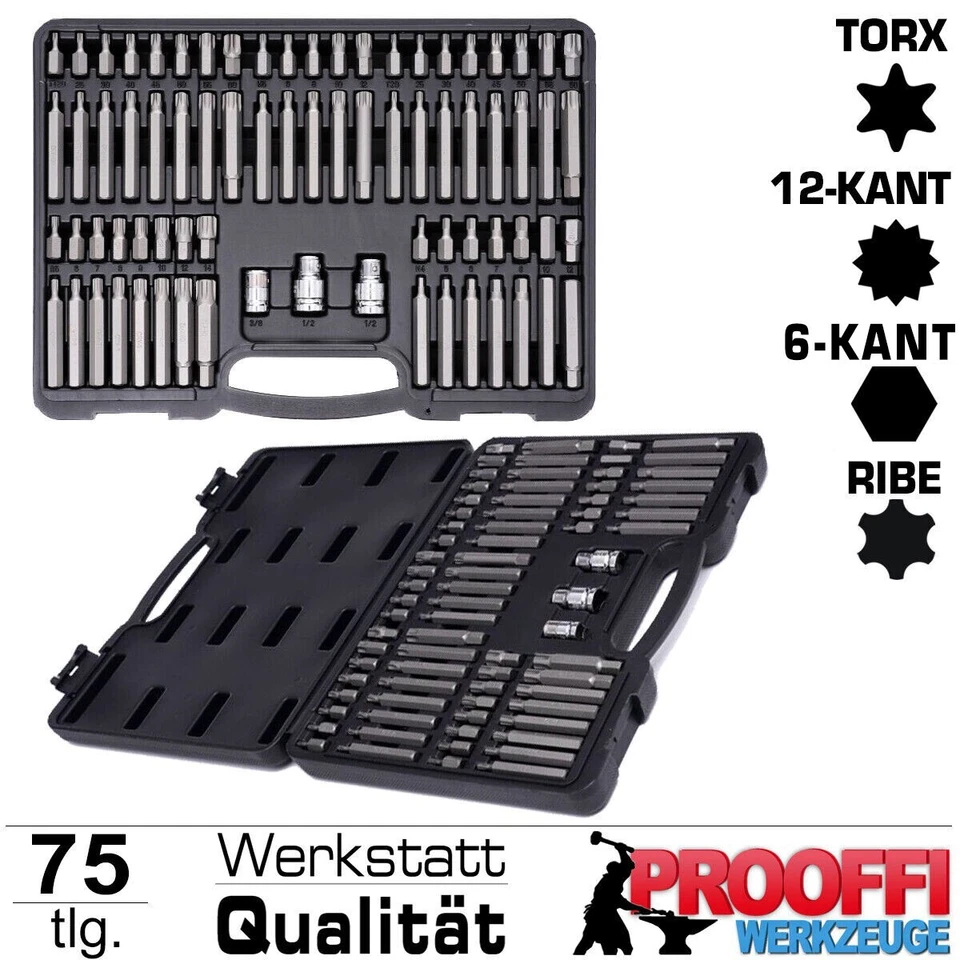 75 tlg XXL Stecknuss Bits Torx Vielzahn Ribe Innensechskant Für Inbus Schraube - Bild 4 von 4