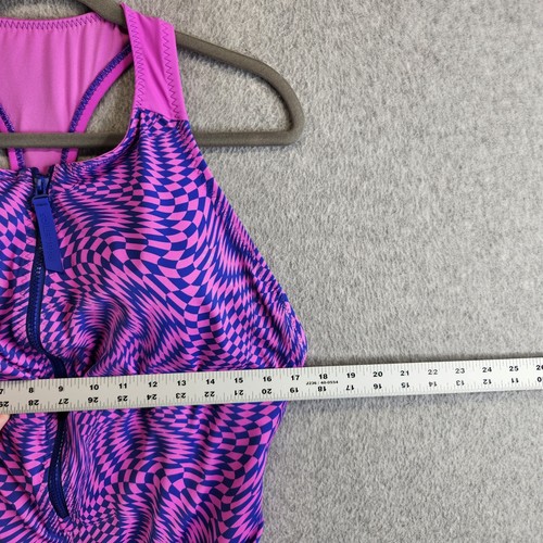 Fabletics Swimsuit Womens XXL Purple Pink Checkered Front Zip Shaping Racerback - Picture 10 of 13