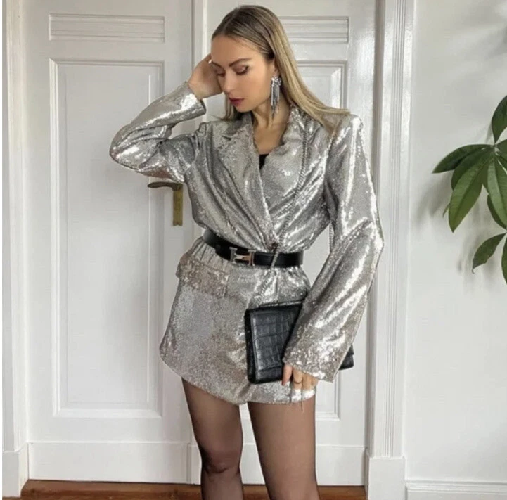 zara silver sequin blazer dress