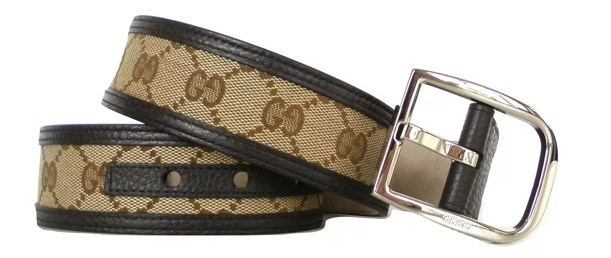 Gucci Guccisssima Brown and Beige Canvas Leather Trim Belt Size 95