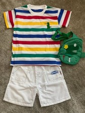 kids boys white/ Blue Summer outfit with bag and multi stripe tshirt