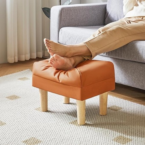 Small Footstool Ottoman, Faux Leather Footrest with Sponge Padded Seat Grey - Picture 4 of 8