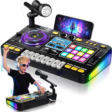 DJ Mixer for Kids, Toddler DJ Mixing Table with DJ Turntable, Game Mode, Light 