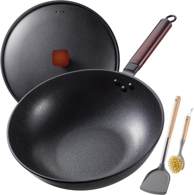 13'' Carbon Steel Wok   Pre-Seasoned Stir-Fry Pan with Lid, Spatula & Brush