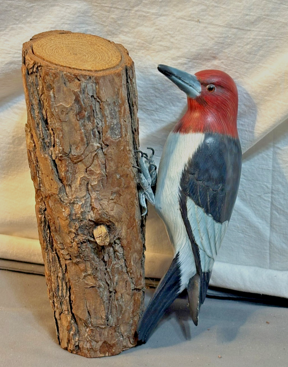 Vintage hand carved painted RED HEADED WOODPECKER on 8
