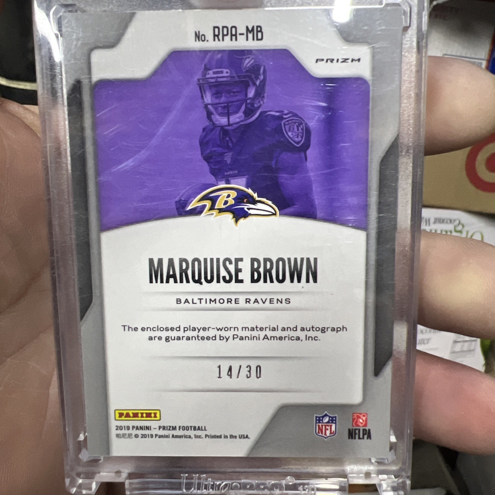 2019 Prizm Marquise Brown Rookie Patch Auto Purple 14/30 From Panini view 2