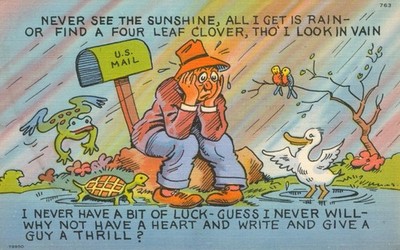Vintage Linen Postcard Man in Rain Luckless Mailbox Frog Duck Turtle