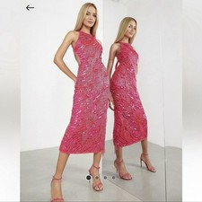 ASOS EDITION pearl and fringe halter midi dress in hot pink  Size 8 NWT