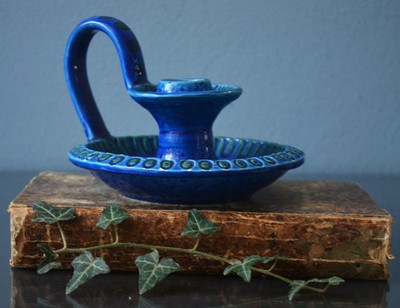 Mid Century Bitossi Aldo Londi Rimini blau Kammer Kerzenhalter bemalt in blau