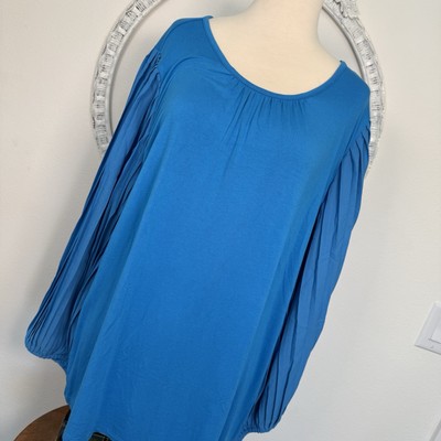 Talbots Womens 1X Pleated Sleeve Crewneck Top Blue Relaxed Fit