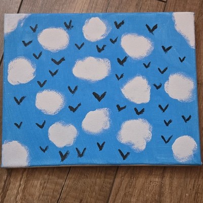 Abstract Original Acrylic Painting Clouds Birds Sky Blue Canvas Art Unframed