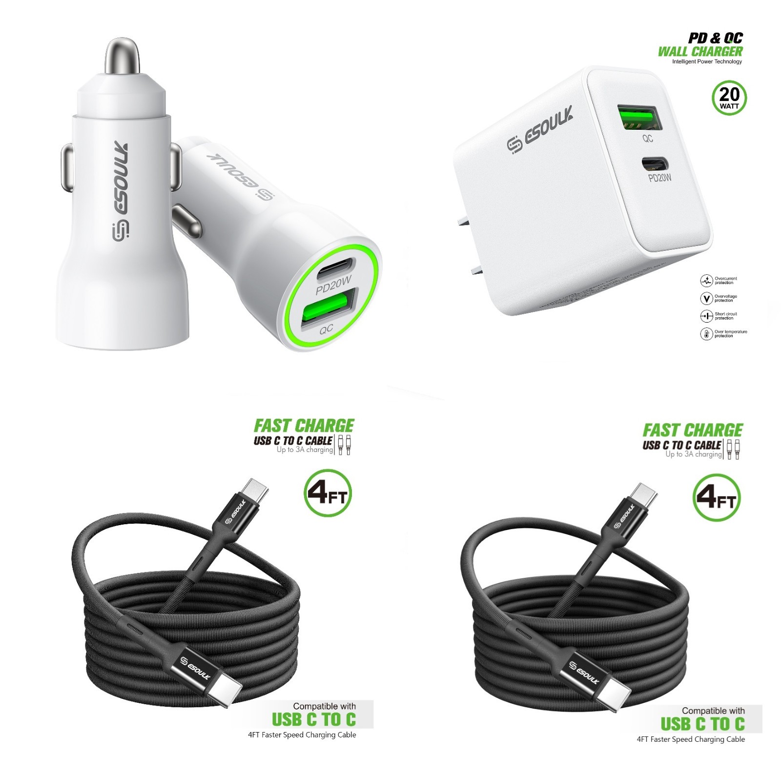 For ZTE nubia Red Magic 9s Pro PD Car &plus; 20W Wall Charger &plus; 2x USB C to Type C