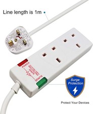 Extension Lead with 2 Surge Proctected Sockets 1Pc 13A/250V 1 Meter Cable Length