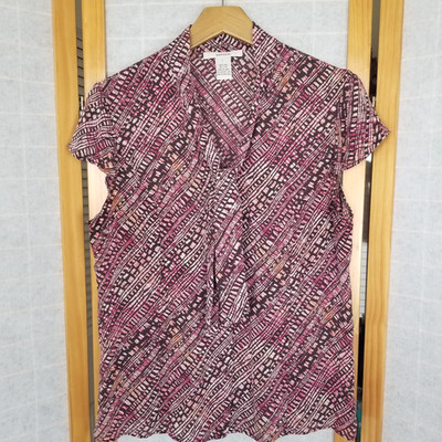 Merona 100% Silk Printed Blouse Neck Bow Brown Pink Size Large Button Up