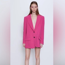 Zara Blazer Women L Single Breasted Oversized Jacket Fuchsia Pink Classic Chic