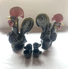 VINTAGE CERAMIC ROOSTERS PORTUGAL Red-ware Black Cups Decanter Oil Vinegar Set 8