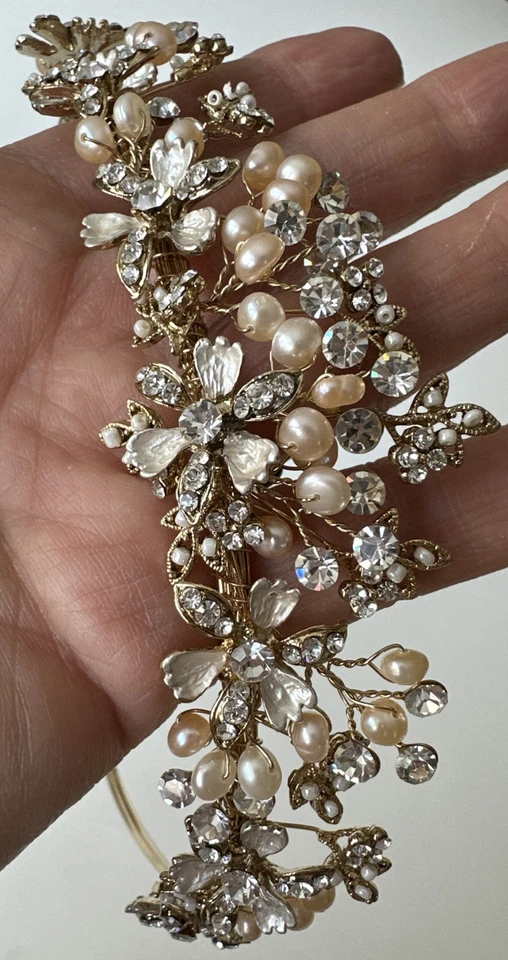 CLOSEOUT Price! Champagne Gold Freshwater Pearl Rhinestone Bridal Wedding Tiara - Image 2 of 4