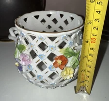 VTG Dresden Carl Thieme Porcelain Reticulated  Vase with Encrusted Flowers 4.5”