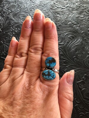 Blue Cloud Mountain Turquoise Dark Matrix Two Stone Ring Size 10.5 Artisan