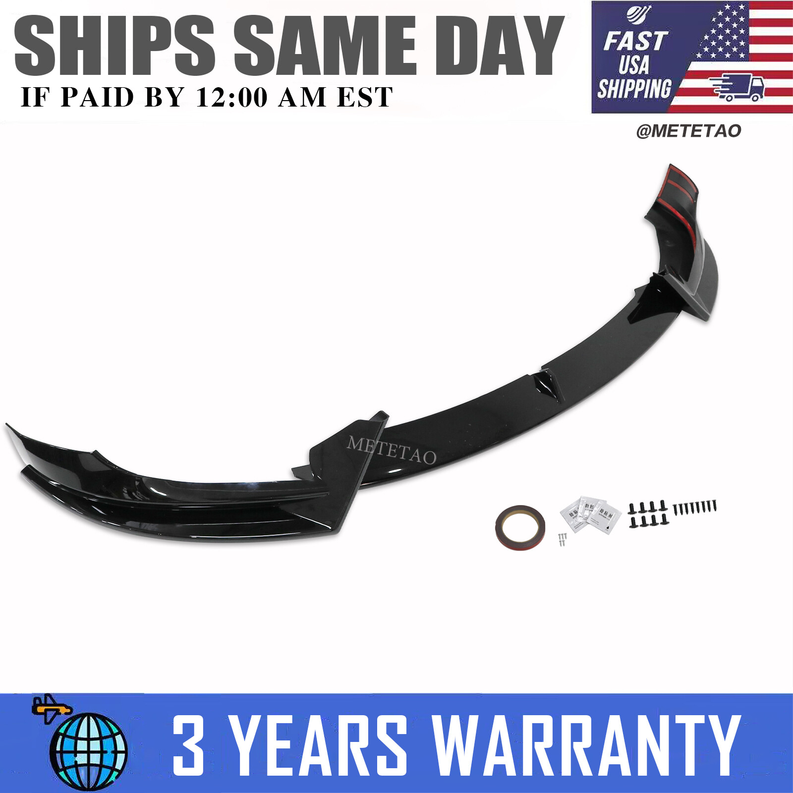 For Tesla Model 3 2017-2023 Glossy Black Front Bumper Lip Splitter Spoiler Kit