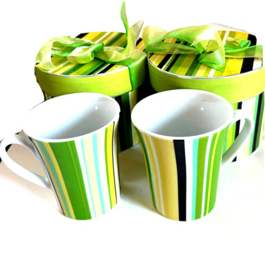 Set /2  Box Cup Gift Set by Multiple Choice  Green Yellow Stripes - New