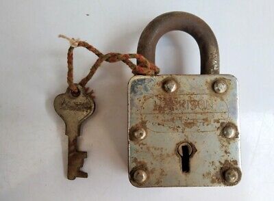 vintage iron brass Padlock with key engraved Harrison R.P locks Co 7 levers 8T