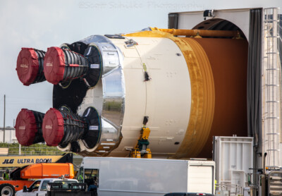 2021 April 29 NASA SLS ARTEMIS CORE ARRIVES OFF LOADED FROM PEGASUS BARGE VAB 4