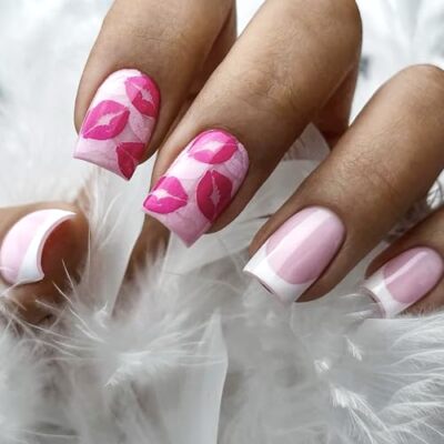 Valentines Day Press on Nails White French Tip Fake Nails Square False V009