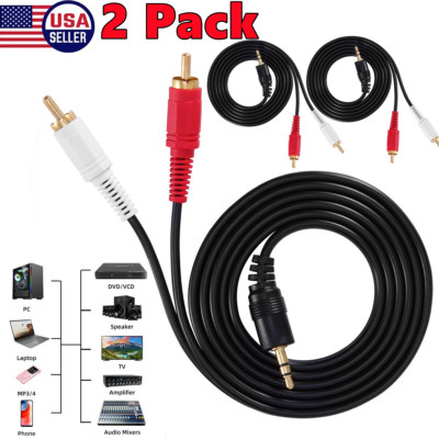 2 Pack 3.5mm To 2 RCA Male Plug Aux Audio Headphone Jack Converter