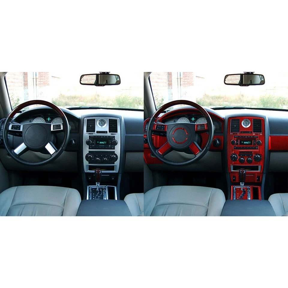 Kit completo de acabamento de tampa de painel interior fibra de carbono vermelho para Chrysler 300 2005-2007 - Imagem 2 de 4