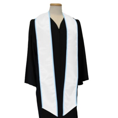 White with Light Blue Trimmed Graduation Stole Stoll Sash 84'' Long, Bridal Satin