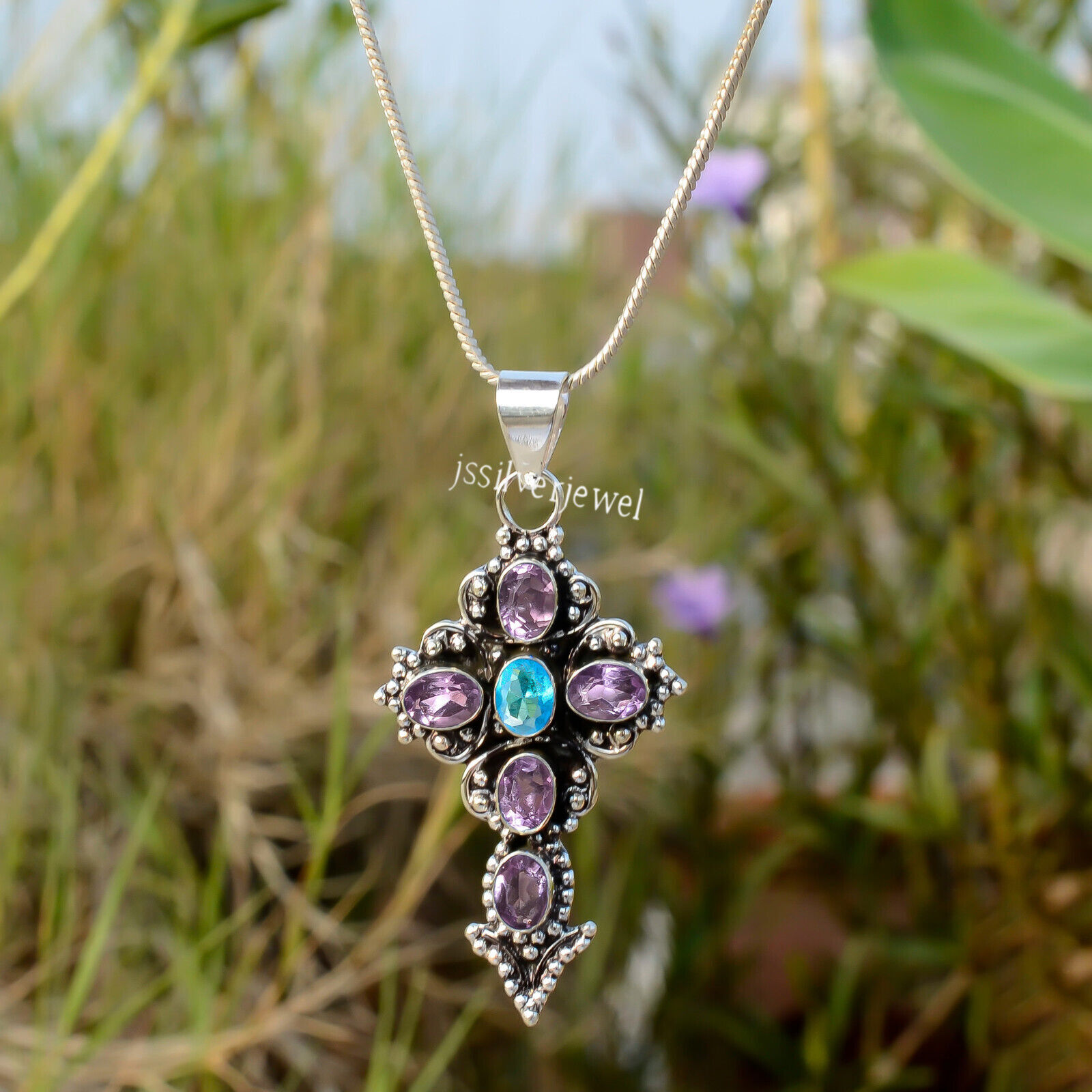 Pendentif fleur croix améthyste argent 925 doré qualité 24x19mm