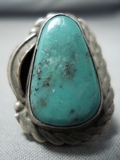 AMAZING VINTAGE NAVAJO LEAF GREEN TURQUOISE STERLING SILVER RING OLD