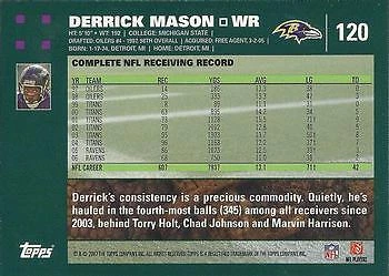 2007 Topps #120 Derrick Mason Baltimore Ravens - Image 2 of 2