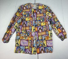 Cherokee Womens Long Sleeve Size M Scrub Halloween Witch pumpkins Snap Buttons