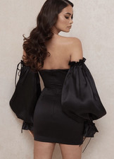 House of CB Marisa Black Satin Corset Mini Dress Balloon Sleeve Small Brand New