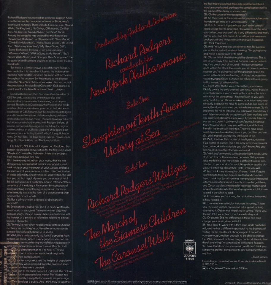 New York Philharmonic Orchestra Slaughter On Tenth Avenue LP vinyl UK Cbs 1978 - Image 2 of 4