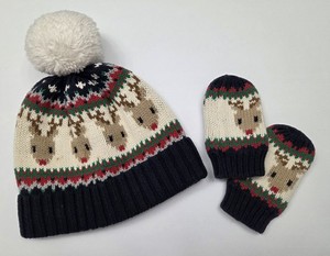 Baby GAP 12-18 Month Soft Knit Pom Pom Fairisle Reindeer Beanie & Mitten Set