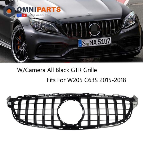 All Black Front Grille GT R Grille W/Camera Hole Fits For 2015-2018 W205 C63 S